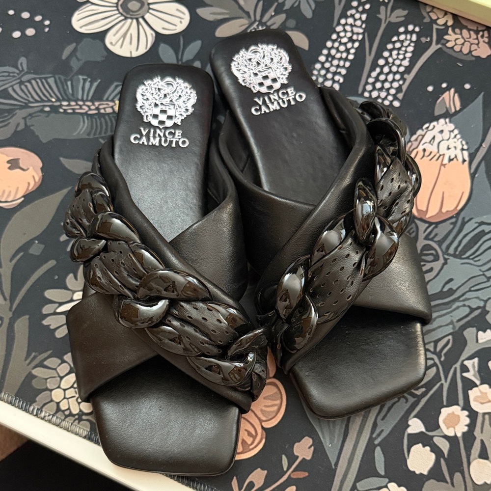 Vince Camuto Black Slide Sandals with Chain Detail